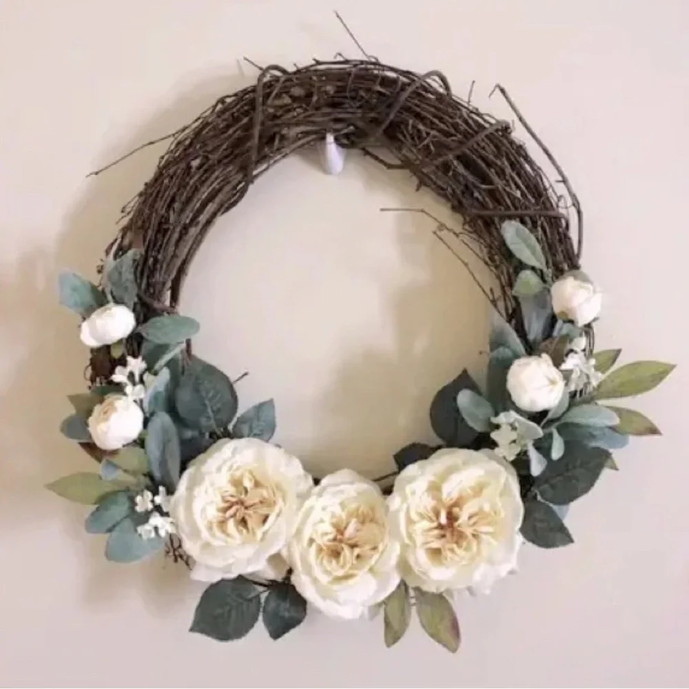 Hand Crafted Wreath Ivory Sage Holiday Anytime Custom Design Final Sale Appr 18”